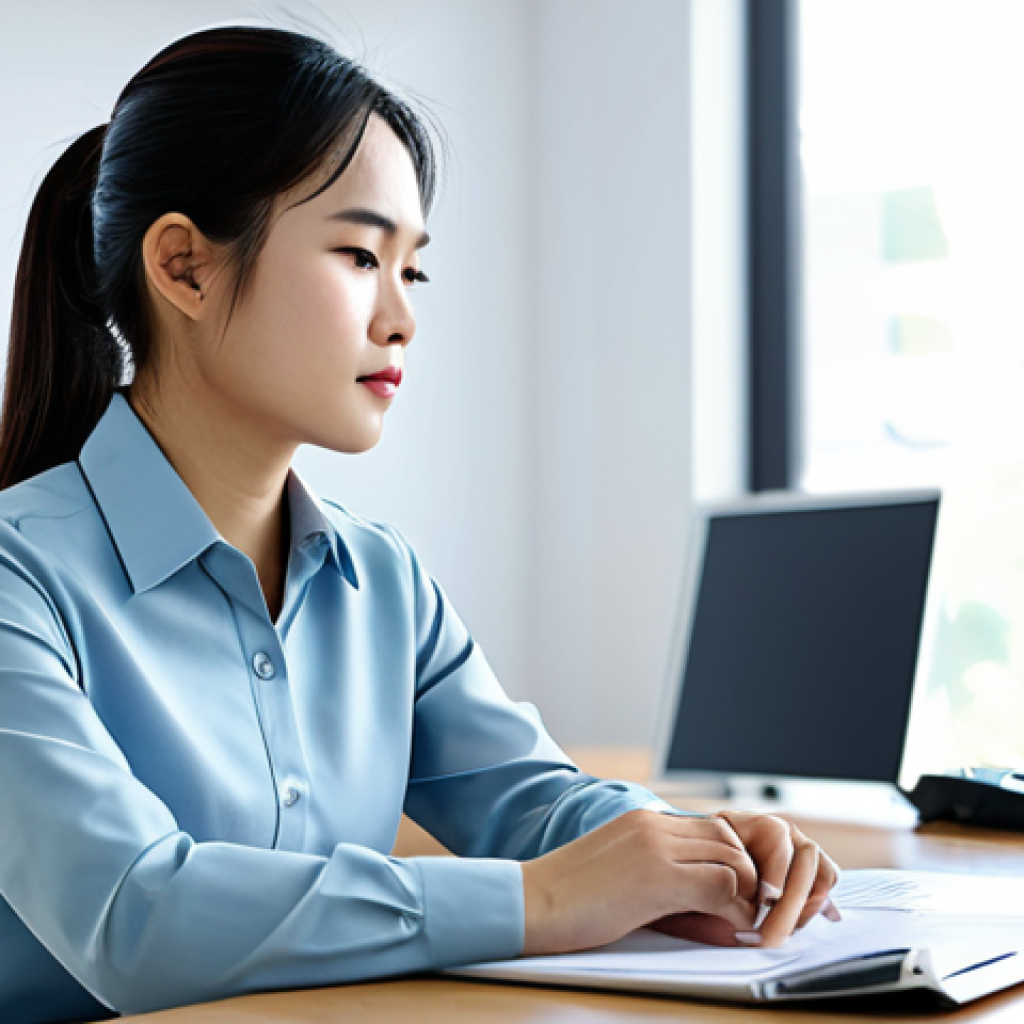 A serene young Vietnamese woman, fully clothed in a modest professional blouse and tailored trousers, sitting peacefully at a sleek modern desk in a sunlit, contemporary office. Her expression is calm and focused, with a subtle aura of inner tranquility. The background features slightly blurred elements of digital screens and data, hinting at the managed chaos of modern information. Her hands are resting gently, well-formed, with proper finger count. The scene conveys a sense of clarity and mental focus amidst a busy world, emphasizing mindfulness and positive psychology. safe for work, appropriate content, fully clothed, professional, perfect anatomy, correct proportions, natural pose, natural body proportions, high-quality photography, soft natural light.