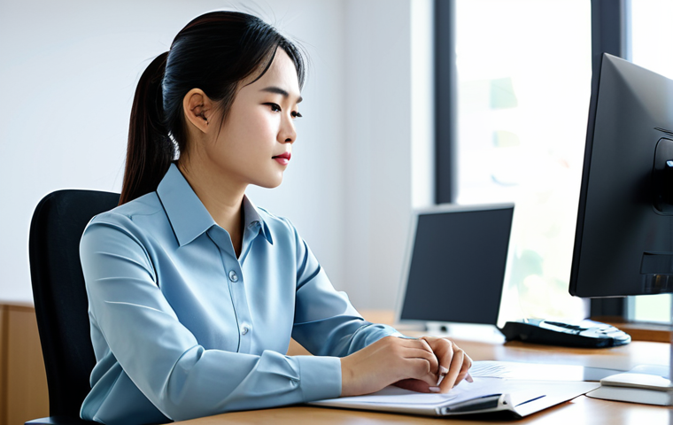 A serene young Vietnamese woman, fully clothed in a modest professional blouse and tailored trousers, sitting peacefully at a sleek modern desk in a sunlit, contemporary office. Her expression is calm and focused, with a subtle aura of inner tranquility. The background features slightly blurred elements of digital screens and data, hinting at the managed chaos of modern information. Her hands are resting gently, well-formed, with proper finger count. The scene conveys a sense of clarity and mental focus amidst a busy world, emphasizing mindfulness and positive psychology. safe for work, appropriate content, fully clothed, professional, perfect anatomy, correct proportions, natural pose, natural body proportions, high-quality photography, soft natural light.