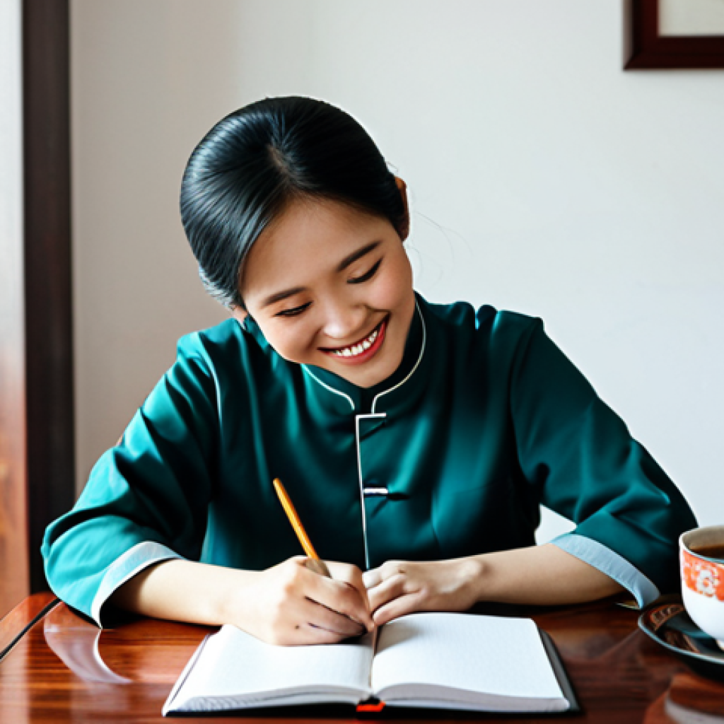 Gratitude Journaling**
"A Vietnamese woman in her late 20s sits at a wooden desk in a bright, airy Hanoi apartment, writing in a journal. She is smiling slightly, wearing a modest ao dai. A cup of Vietnamese coffee sits nearby. Soft, natural light. 'Gratitude Journal' is visible on the cover. fully clothed, appropriate attire, safe for work, perfect anatomy, natural proportions, professional, modest, family-friendly, high quality."
**