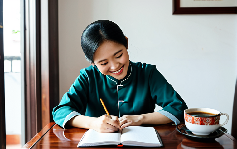 Gratitude Journaling**
"A Vietnamese woman in her late 20s sits at a wooden desk in a bright, airy Hanoi apartment, writing in a journal. She is smiling slightly, wearing a modest ao dai. A cup of Vietnamese coffee sits nearby. Soft, natural light. 'Gratitude Journal' is visible on the cover. fully clothed, appropriate attire, safe for work, perfect anatomy, natural proportions, professional, modest, family-friendly, high quality."
**