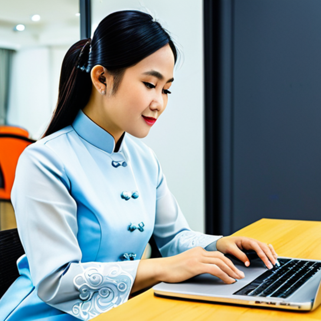 긍정심리학의 활용을 통한 건강 증진 - **Prompt:** A professional Vietnamese businesswoman in a modest Ao Dai, working on a laptop at a bri...