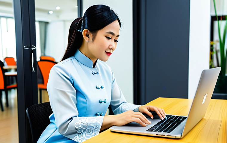 긍정심리학의 활용을 통한 건강 증진 - **Prompt:** A professional Vietnamese businesswoman in a modest Ao Dai, working on a laptop at a bri...