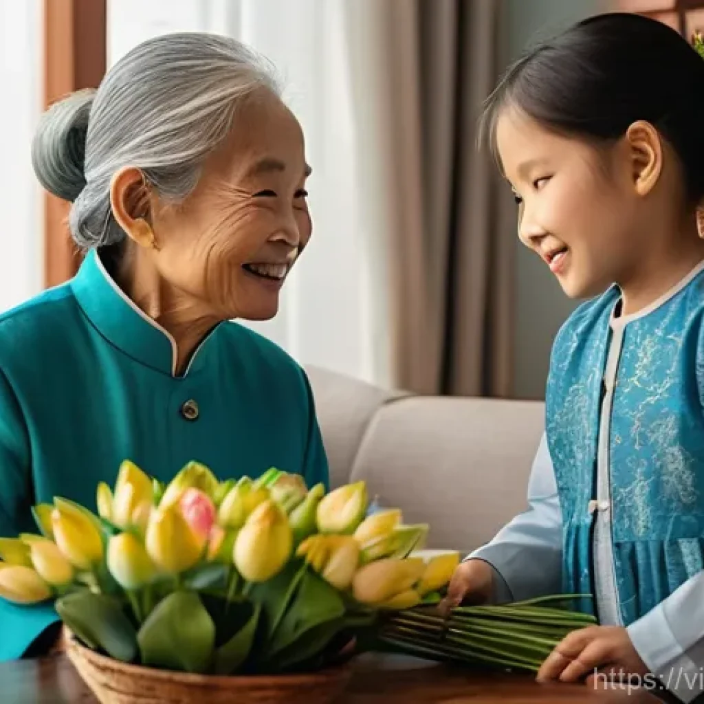 긍정심리학을 통한 관계 개선 방법 - **A heartwarming scene of intergenerational gratitude and shared joy in a modern Vietnamese home.** ...