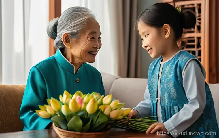 긍정심리학을 통한 관계 개선 방법 - **A heartwarming scene of intergenerational gratitude and shared joy in a modern Vietnamese home.** ...