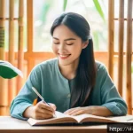 Home 17 긍정심리학과 인지 행동 치료의 관계 - A serene Vietnamese woman practicing gratitude journaling in a cozy, softly lit room decorated with ...