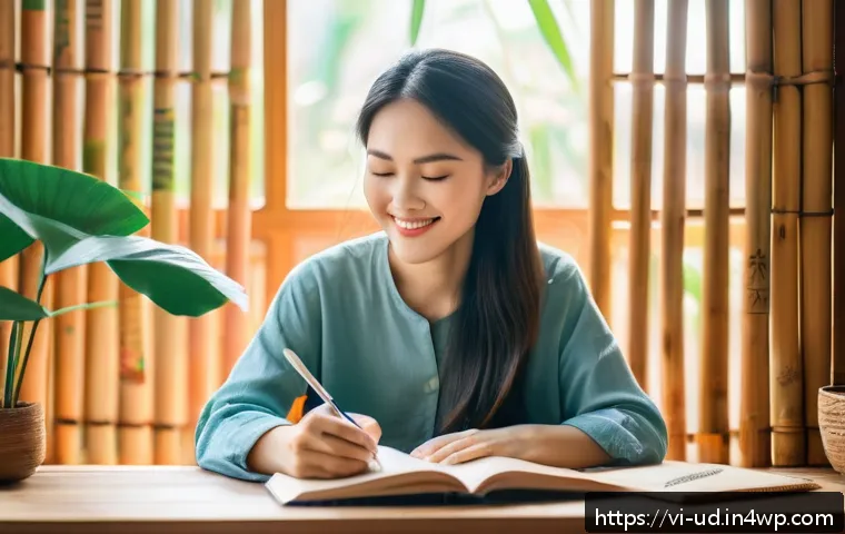긍정심리학과 인지 행동 치료의 관계 - A serene Vietnamese woman practicing gratitude journaling in a cozy, softly lit room decorated with ...